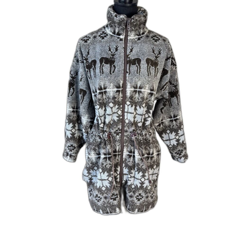 Size M Vintage Sunbuster nordic fleece jacket deer reindeer fairisle snowflake